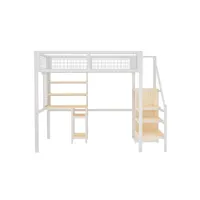 lit mezzanine 90x200 cm avec bureau, étagères, escalier et armoire, cadre en métal, blanc + naturel