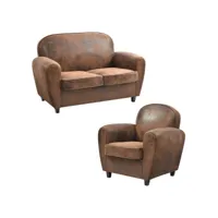 ganssi - ensemble fauteuil + canapé 2p marron aspect vieilli