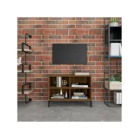 meuble tv avec pieds, banc tv, meuble télé avec etagères et rangement en métal chêne marron 69,5x30x50 cm meuble pro lww54563