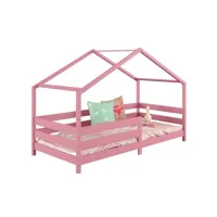 lit cabane rena lit simple montessori pour enfant 90 x 200 cm, avec barrières de protection, en pin massif lasuré rose