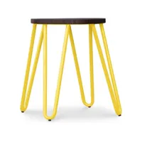 tabouret de bar rond - design industriel - bois et acier - 43cm - hairpin jaune
