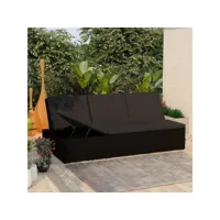 chaise longue  bain de soleil transat convertible avec coussin résine tressée noir meuble pro frco18729
