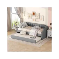 lit gigogne 90x200(190) cm, canapé-lit, sommier à lattes, tissu en lin, gris