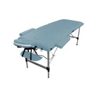 table de massage pliante 2 zones en aluminium + accessoires et housse de transport - bleu pastel