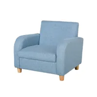 fauteuil enfant design scandinave grand confort accoudoirs assise dossier garnissage mousse haute densité piètement bois caoutchouc lin bleu