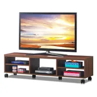 giantex meuble tv moderne avec roues verrouillables téléviseur jusqu'à 140 cm (55''), étagères de rangement ouverts pour tv, marron