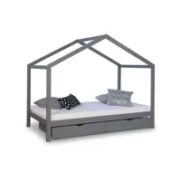 lit cabane en bois gris pour enfant avec sommier inclus 90x200 cm avec tiroirs rangement lit06191