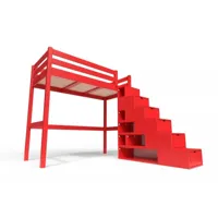 lit mezzanine bois avec escalier cube sylvia 90x200  rouge cube90-red