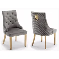 chaise capitonnée velours avec anneau d'un lion au dos et pieds métal doré elena - lot de 2-couleur gris foncé