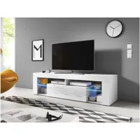 meuble banc tv - 140 cm - blanc mat / blanc brillant - avec led -  style design everest