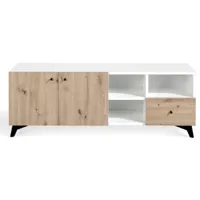 meuble tv 2 portes 3 niches 1 tiroir en bois écologique chêne clair et bois blanc lazeto 140 cm