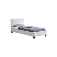 lit simple pour adulte ou enfant tico avec sommier 90x190 cm 1 place, tête et pied de lit capitonnés avec strass synthétique blanc