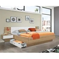 chambre complète adulte pegane lit futon + 2 chevets en panneaux de particules imit. chene poutre/blanc - dim : 180x200 cm --