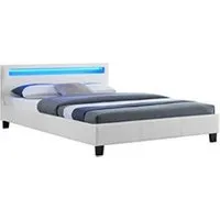 lit led double 140x190 cm avec sommier, tête de lit confortable, lit 1 place revêtement synthétique blanc, pinot