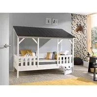 lit cabane enfant avec toit noir en bois 90x200
