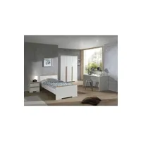 chambre complète adulte vipack london lit blanc + chevet 2 tiroirs blanc + armoire 3 portes blanc mat + bureau blanc mat