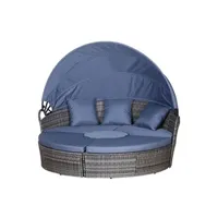 chaise longue - transat outsunny lit canapé de jardin modulable grand confort pare-soleil pliable 5 coussins 3 oreillers 180l x 175l x 147h cm résine tressée grise polyester bleu