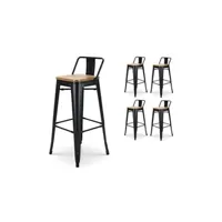 - lot de 4 tabourets de bar en métal noir mat style industriel avec dossier et assise en bois clair - hauteur 76 cm