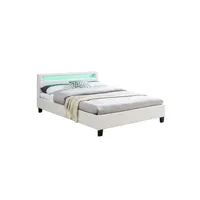 lit led double 140x190 cm avec sommier, tête de lit confortable, lit 1 place revêtement en tissu blanc, rioja