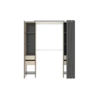 armoire pegane armoire dressing extensible avec rideau + 4 tiroirs coloris naturel/graphite - longueur 100-180 x hauteur 203 x profondeur 50 cm --