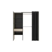 armoire pegane armoire dressing extensible avec rideau + 1 tiroir coloris naturel/graphite - longueur 110-160 x hauteur 203 x profondeur 50 cm --