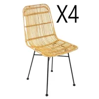 chaise pegane lot de 4 chaises de salle à manger en rotin et fer coloris biege - dim : l.45 x l.57 x h.88 cm
