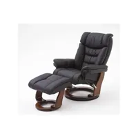fauteuil de relaxation pegane fauteuil relax avec repose pieds en cuir coloris noir avec tabouret / pieds en bois coloris noyer - longueur 87 x hauteur 106 x profondeur 85 cm - -