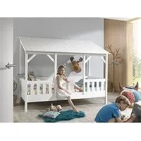 lit enfant vipack malia lit cabane 90x200cm avec toit blanc + sommier + matelas