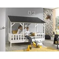 lit enfant vipack malia lit cabane 90x200 avec toit noir + sommier + matelas