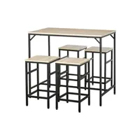 table haute homcom ensemble table de bar design industriel + 4 tabourets repose-pieds panneaux particules imitation chêne clair métal noir