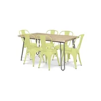 table à manger generique table à manger hairpin 150x90 + x6 chaise bistrot metalix jaune pâle