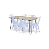 table à manger generique table à manger hairpin 150x90 + x6 chaise bistrot metalix bleu gris