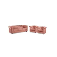ensemble de canapés vente-unique.com canapé 3 places et 2 fauteuils chesterfield - velours rose pastel