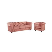ensemble de canapés vente-unique.com canapé 3 places et fauteuil chesterfield - velours rose pastel