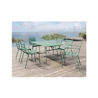 table de jardin vente-unique.com salle à manger de jardin en métal - une table l.160 cm avec 2 fauteuils empilables et 4 chaises empilables - vert amande - mirmande de mylia