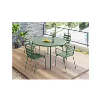 table de jardin vente-unique.com salle à manger de jardin en métal - une table d.110cm et 4 fauteuils empilables - vert amande - mirmande de mylia