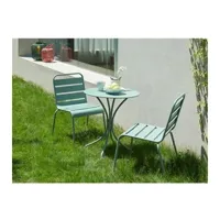 table de jardin vente-unique.com salle à manger de jardin en métal - une table d.60cm et 2 chaises empilables - vert amande - mirmande de mylia