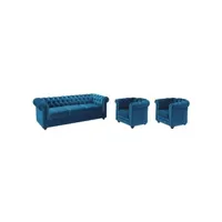 ensemble de canapés vente-unique canapé 3 places et 2 fauteuils chesterfield - velours bleu canard