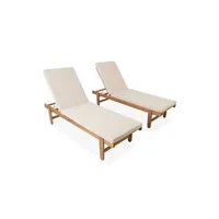chaise longue - transat sweeek set de 2 bains de soleil en acacia - arequipa - transats avec coussins beige et roulettes multi positions