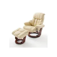 fauteuil de relaxation pegane fauteuil relax en cuir et pu crème et noyer avec tabouret - 90 x 104 x 91 cm --
