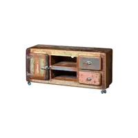 meubles tv pegane meuble tv en bois recycle multicolore - longueur 135 x profondeur 40 x hauteur 56 cm --