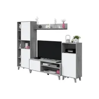 meubles tv generique ensemble meuble tv modulable zoe : meuble tv + 2 vitrines - ouverture push - mélamine - décor blanc et ciment - l260 x p33 x h184 cm