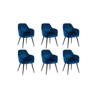 chaise vente-unique.com lot de 6 chaises avec accoudoirs en velours et métal noir - bleu - eleana