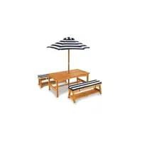 salon de jardin kidkraft 106 ensemble table et banc d'extérieur en bois avec coussins et parasol - meubles de jardin pour enfants - rayures bleu marine & blanches