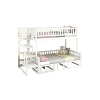 lit superposé 90x200 enfant avec escalier, table réglable et canapé, en bois de pin, blanc