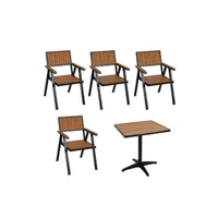set de 4 chaises de jardin + table de jardin hwc-j95 alu aspect bois noir, teck