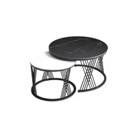 luz - tables gigogne plateaux céramique marbrés noir et blanc pieds métal noir -
