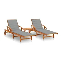 lot de 2 transats chaise longue bain de soleil lit de jardin terrasse meuble d'extérieur avec table et coussins acacia solide 02_0012103