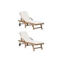lot de 2 transats chaise longue bain de soleil lit de jardin terrasse meuble d'extérieur avec coussins bois de teck solide crème 02_0012154