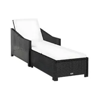 transat chaise longue bain de soleil lit de jardin terrasse meuble d'extérieur avec coussin blanc crème résine tressée noir 02_0012305